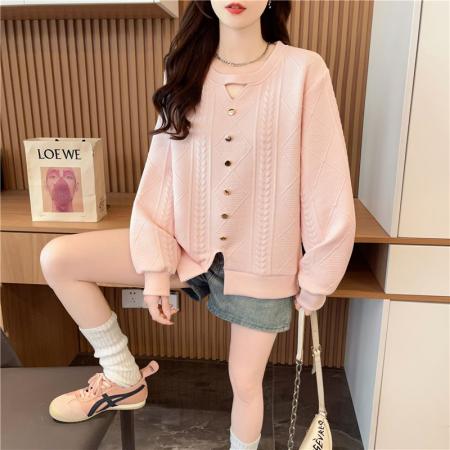 FA48091# 春秋韩版宽松螺纹拼接镂空装饰小设计提花卫衣女 服裝批發女裝批發服飾貨源