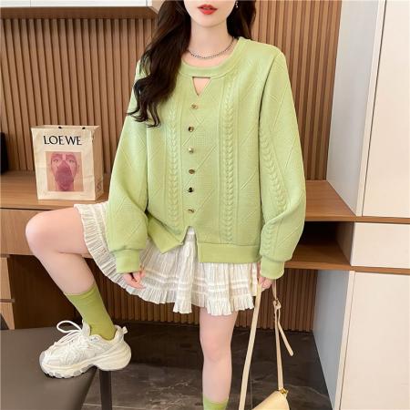 FA48091# 春秋韩版宽松螺纹拼接镂空装饰小设计提花卫衣女 服裝批發女裝批發服飾貨源