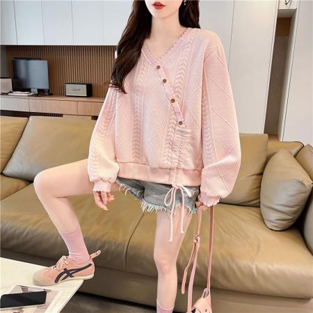FA48093# 春秋韩版宽松螺纹拼接立体钮装饰抽绳提花卫衣女 服裝批發女裝批發服飾貨源