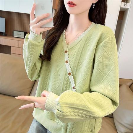 FA48093# 春秋韩版宽松螺纹拼接立体钮装饰抽绳提花卫衣女 服裝批發女裝批發服飾貨源