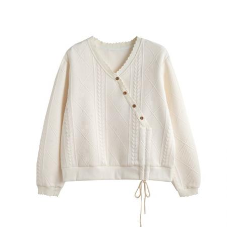 FA48093# 春秋韩版宽松螺纹拼接立体钮装饰抽绳提花卫衣女 服裝批發女裝批發服飾貨源