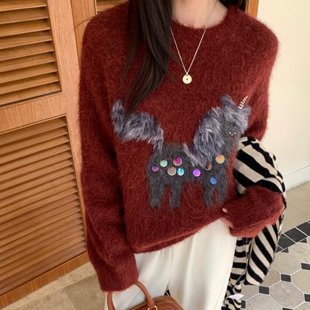 FA48099# 秋冬新款亮片卡通小马软糯毛绒感毛衣女减龄宽松慵懒风针织衫 服裝批發女裝批發服飾貨源