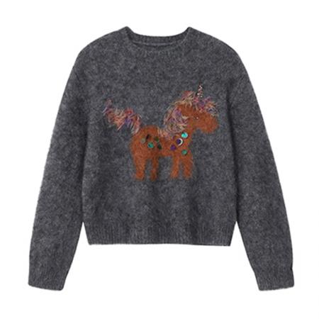 FA48099# 秋冬新款亮片卡通小马软糯毛绒感毛衣女减龄宽松慵懒风针织衫 服裝批發女裝批發服飾貨源