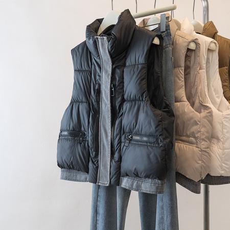 FA48100# 秋冬季新款设计感牛仔拼接棉马甲时尚洋气坎肩百搭外套女 服裝批發女裝批發服飾貨源