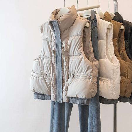 FA48100# 秋冬季新款设计感牛仔拼接棉马甲时尚洋气坎肩百搭外套女 服裝批發女裝批發服飾貨源