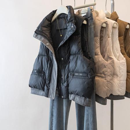 FA48100# 秋冬季新款设计感牛仔拼接棉马甲时尚洋气坎肩百搭外套女 服裝批發女裝批發服飾貨源