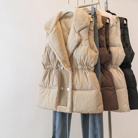 FA48104# 秋冬季新款羊羔毛领拼接无袖棉衣马甲时尚收腰百搭外套女 服裝批發女裝批發服飾貨源