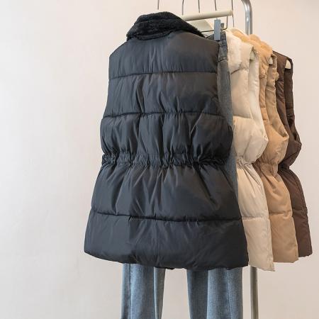 FA48104# 秋冬季新款羊羔毛领拼接无袖棉衣马甲时尚收腰百搭外套女 服裝批發女裝批發服飾貨源