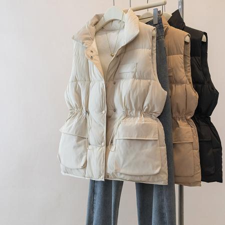 FA48106# 百搭立领棉马甲背心女装秋冬季新款外穿收腰宽松口袋显瘦外套 服裝批發女裝批發服飾貨源