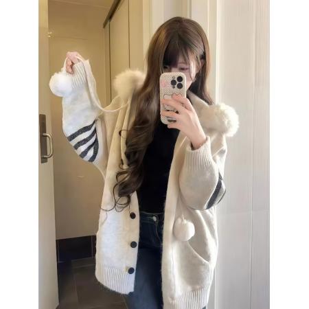 FA48107# 韩版慵懒风毛领连帽开衫女冬季加厚百搭设计感条纹针织衫外套 服裝批發女裝批發服飾貨源