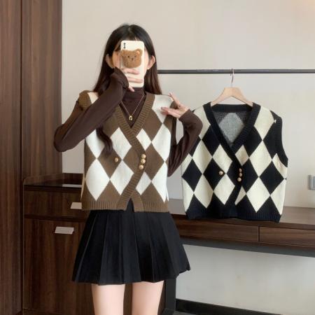 FA48108# 秋冬新款大码女装胖mm葵格针织马甲高领打底衫上衣两件套 服裝批發女裝批發服飾貨源
