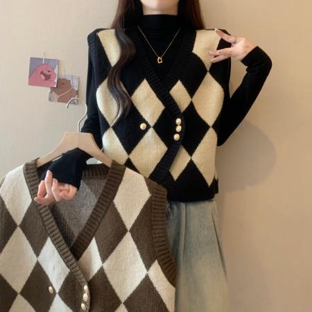 FA48108# 秋冬新款大码女装胖mm葵格针织马甲高领打底衫上衣两件套 服裝批發女裝批發服飾貨源