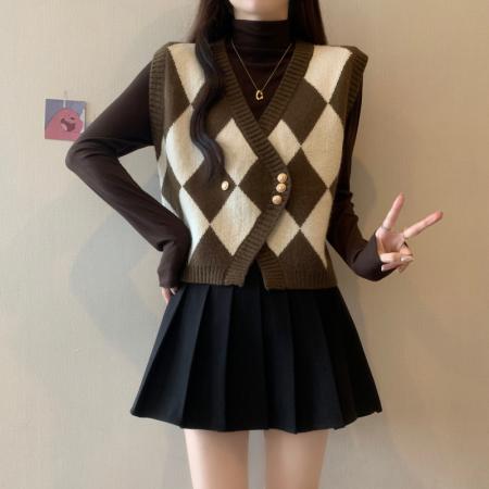 FA48108# 秋冬新款大码女装胖mm葵格针织马甲高领打底衫上衣两件套 服裝批發女裝批發服飾貨源