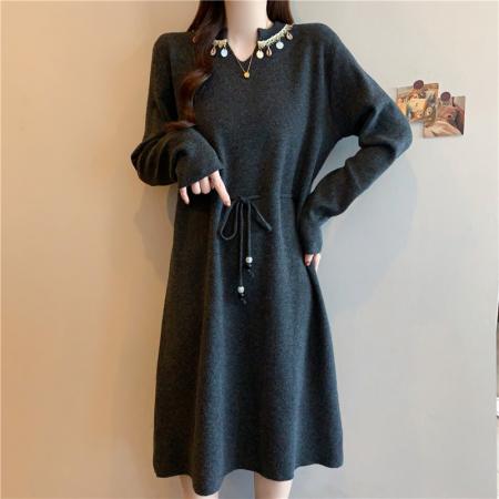 FA48109# 秋冬新款大码女装胖mm中长款针织钉珠收腰内搭A字连衣裙 服裝批發女裝批發服飾貨源