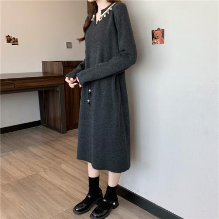 FA48109# 秋冬新款大码女装胖mm中长款针织钉珠收腰内搭A字连衣裙 服裝批發女裝批發服飾貨源