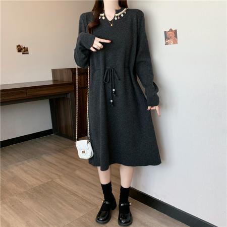 FA48109# 秋冬新款大码女装胖mm中长款针织钉珠收腰内搭A字连衣裙 服裝批發女裝批發服飾貨源