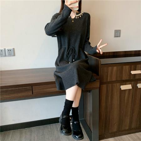 FA48109# 秋冬新款大码女装胖mm中长款针织钉珠收腰内搭A字连衣裙 服裝批發女裝批發服飾貨源