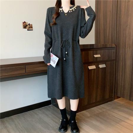 FA48109# 秋冬新款大码女装胖mm中长款针织钉珠收腰内搭A字连衣裙 服裝批發女裝批發服飾貨源