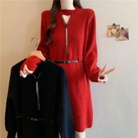 FA48110# 秋冬新款大码女装胖mm中长款V领针织毛衣洋气A字连衣裙子 服裝批發女裝批發服飾貨源