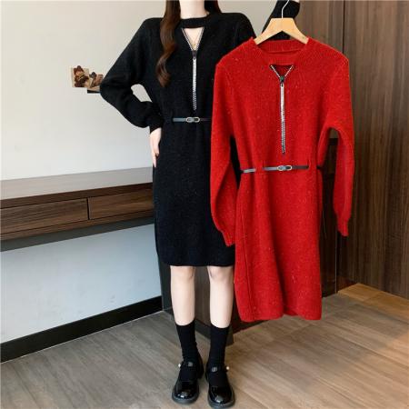 FA48110# 秋冬新款大码女装胖mm中长款V领针织毛衣洋气A字连衣裙子 服裝批發女裝批發服飾貨源