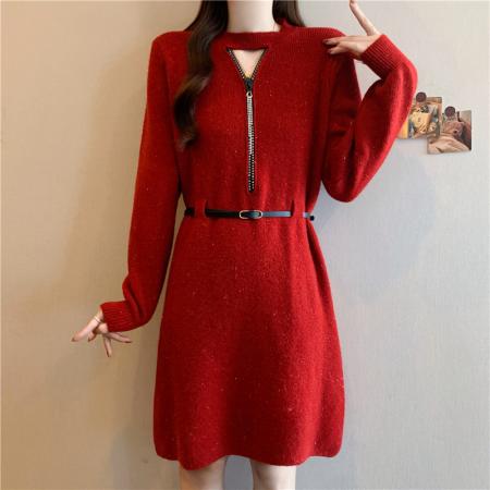 FA48110# 秋冬新款大码女装胖mm中长款V领针织毛衣洋气A字连衣裙子 服裝批發女裝批發服飾貨源