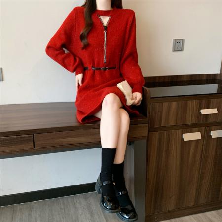 FA48110# 秋冬新款大码女装胖mm中长款V领针织毛衣洋气A字连衣裙子 服裝批發女裝批發服飾貨源