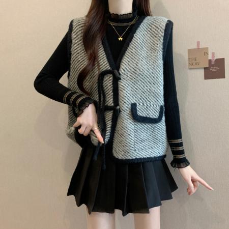 FA48111# 秋冬新款大码女装胖mm新中式国风盘扣针织马甲上衣两件套 服裝批發女裝批發服飾貨源