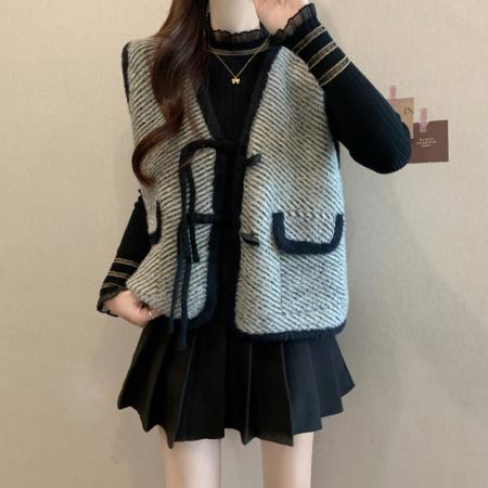 FA48111# 秋冬新款大码女装胖mm新中式国风盘扣针织马甲上衣两件套 服裝批發女裝批發服飾貨源