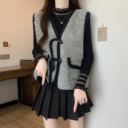 FA48111# 秋冬新款大码女装胖mm新中式国风盘扣针织马甲上衣两件套 服裝批發女裝批發服飾貨源