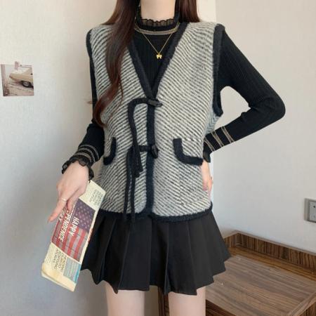 FA48111# 秋冬新款大码女装胖mm新中式国风盘扣针织马甲上衣两件套 服裝批發女裝批發服飾貨源