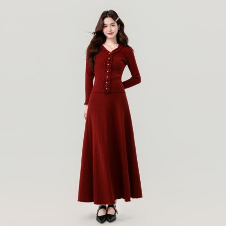 FA48115# 秋冬新款精致优雅小女人木耳边长款显瘦针织两件套装裙 服裝批發女裝批發服飾貨源