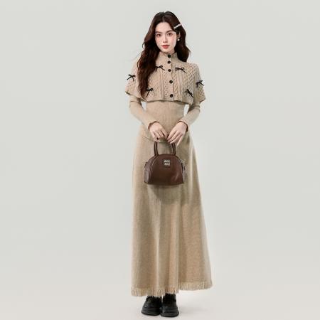 FA48116# 冬季新款缪系高级感甜美减龄蝴蝶结长款三件套针织套装裙 服裝批發女裝批發服飾貨源