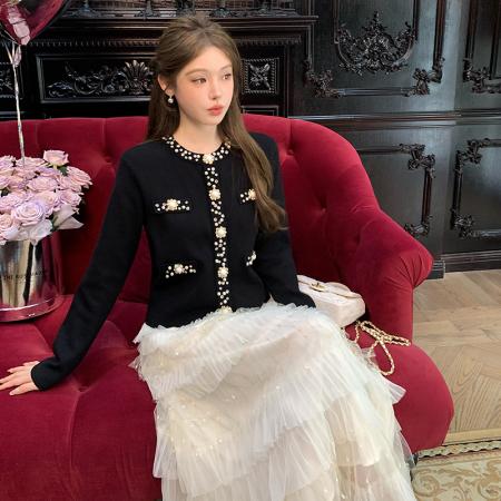 FA48118# 新款高品质重工水钻小香风毛针织上衣+千层蛋糕裙两件套 服裝批發女裝批發服飾貨源