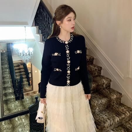 FA48118# 新款高品质重工水钻小香风毛针织上衣+千层蛋糕裙两件套 服裝批發女裝批發服飾貨源