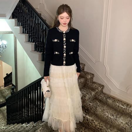 FA48118# 新款高品质重工水钻小香风毛针织上衣+千层蛋糕裙两件套 服裝批發女裝批發服飾貨源