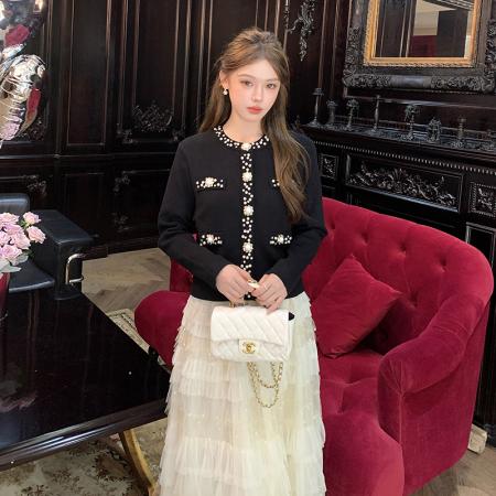 FA48118# 新款高品质重工水钻小香风毛针织上衣+千层蛋糕裙两件套 服裝批發女裝批發服飾貨源