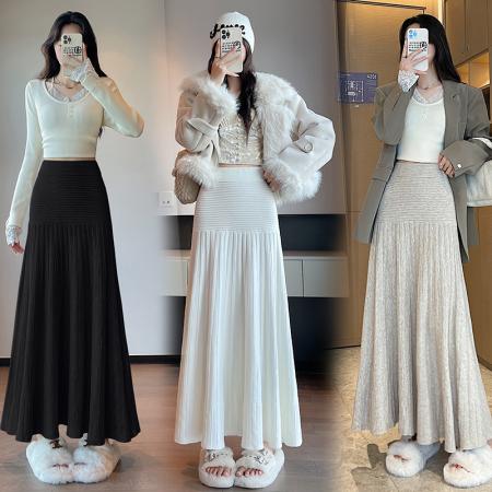 FA48122# 软糯设计感针织半身裙女秋冬高腰显瘦毛线裙大摆A字百褶伞裙 服裝批發女裝批發服飾貨源