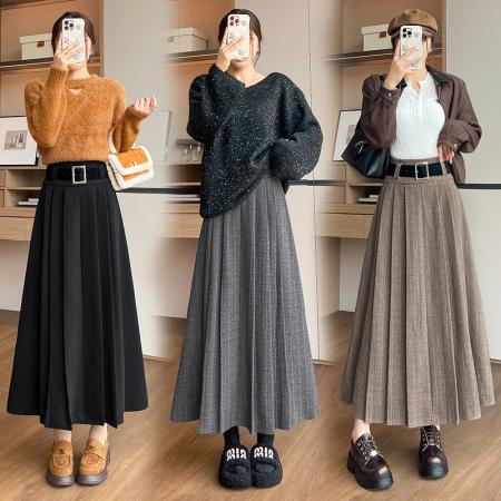 FA48126# 秋冬新款加厚毛呢时尚高腰百褶显瘦中长款a字半身裙 服裝批發女裝批發服飾貨源