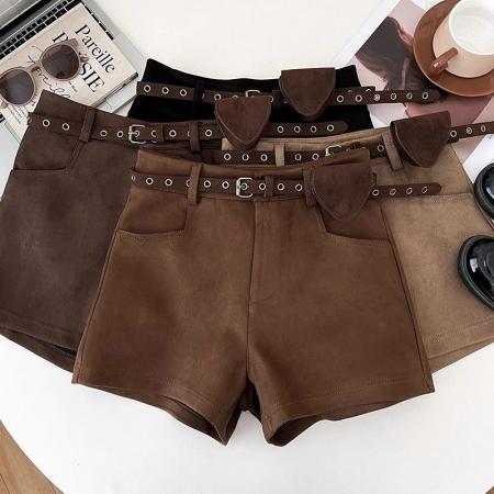 FA48128# 美式复古鹿皮绒高腰显瘦短裤女秋冬阔腿裤休闲裤靴裤a字裤配皮带 服裝批發女裝批發服飾貨源