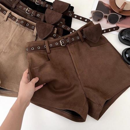 FA48128# 美式复古鹿皮绒高腰显瘦短裤女秋冬阔腿裤休闲裤靴裤a字裤配皮带 服裝批發女裝批發服飾貨源