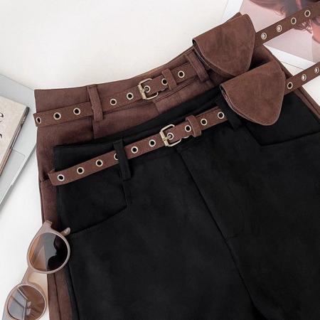 FA48128# 美式复古鹿皮绒高腰显瘦短裤女秋冬阔腿裤休闲裤靴裤a字裤配皮带 服裝批發女裝批發服飾貨源