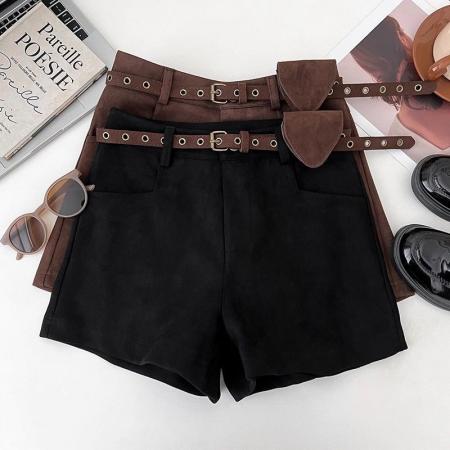 FA48128# 美式复古鹿皮绒高腰显瘦短裤女秋冬阔腿裤休闲裤靴裤a字裤配皮带 服裝批發女裝批發服飾貨源