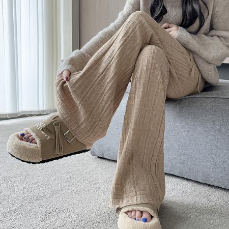 FA48132# 针织提花阔腿裤女秋冬季高腰抽绳直筒裤宽松显瘦拖地休闲裤子 服裝批發女裝批發服飾貨源