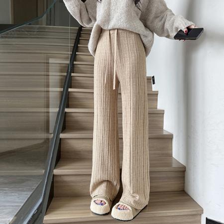 FA48132# 针织提花阔腿裤女秋冬季高腰抽绳直筒裤宽松显瘦拖地休闲裤子 服裝批發女裝批發服飾貨源
