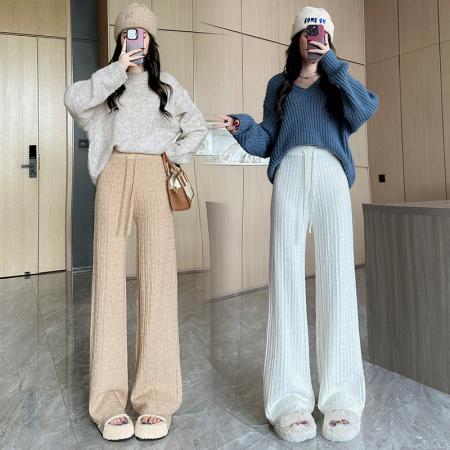 FA48132# 针织提花阔腿裤女秋冬季高腰抽绳直筒裤宽松显瘦拖地休闲裤子 服裝批發女裝批發服飾貨源