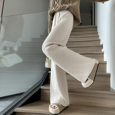 FA48133# 立体小花针织休闲裤女秋冬季宽松阔腿裤慵懒松弛感直筒长裤 服裝批發女裝批發服飾貨源