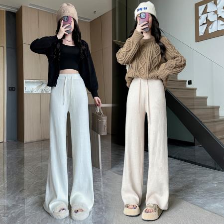 FA48133# 立体小花针织休闲裤女秋冬季宽松阔腿裤慵懒松弛感直筒长裤 服裝批發女裝批發服飾貨源