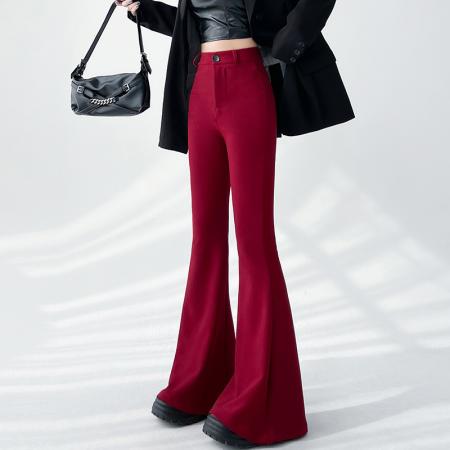 FA48135# 安克拉红加绒加厚条绒微喇叭裤韩版高腰显瘦休闲裤长裤女 服裝批發女裝批發服飾貨源