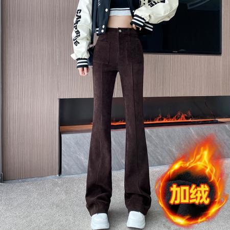FA48136# 秋冬新款加绒加厚条绒微喇叭裤韩版高腰显瘦休闲长裤 服裝批發女裝批發服飾貨源