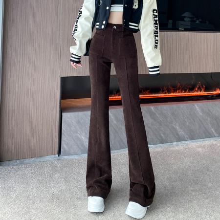 FA48136# 秋冬新款加绒加厚条绒微喇叭裤韩版高腰显瘦休闲长裤 服裝批發女裝批發服飾貨源